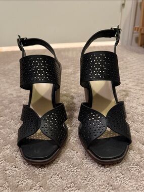 Vince Camuto Black Laser Cut Wedge Sandals NWOT Size 6 / 36.5
